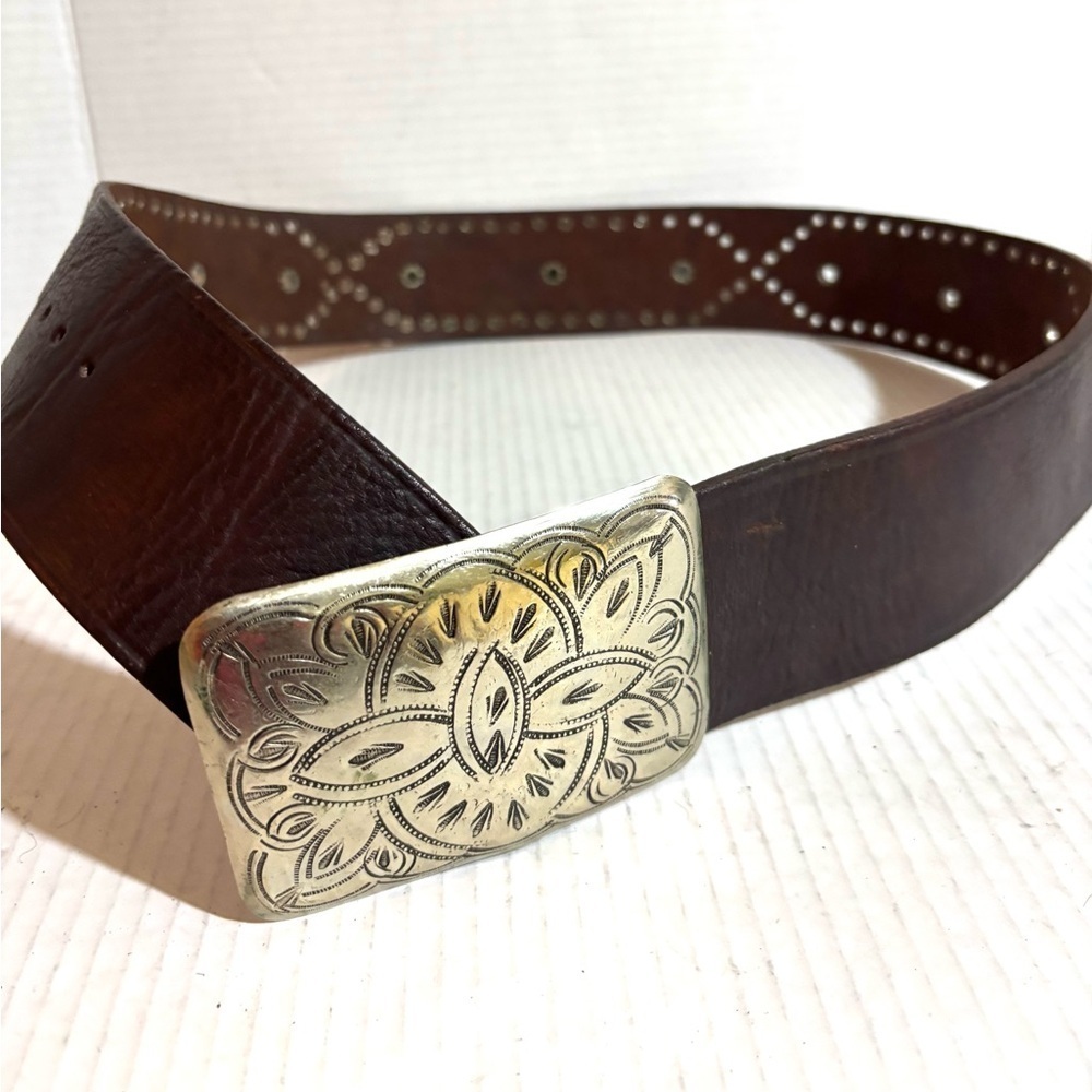 Mofit vintage Brown distressed Leather Belt with Silver Buckle tone